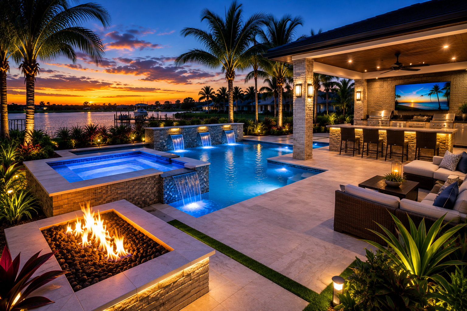 Finished pool deck and outdoor kitchen at dusk in Sarasota