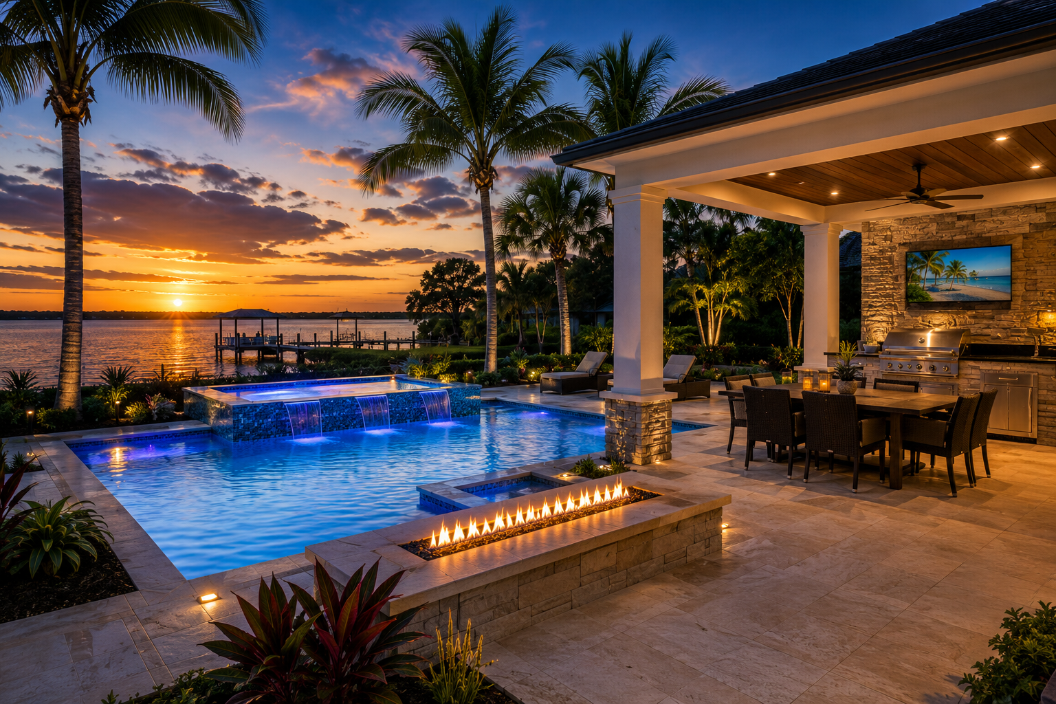 Outdoor kitchen with grill and bar seating at dusk